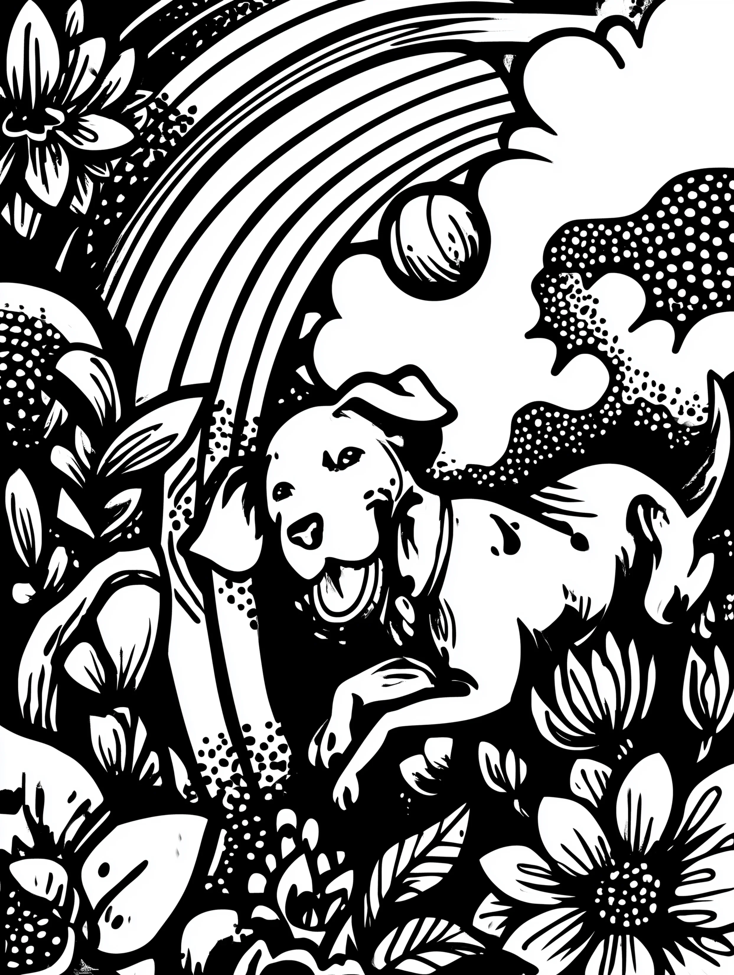 Free printable summer coloring page for adults featuring a dog chasing a rainbow